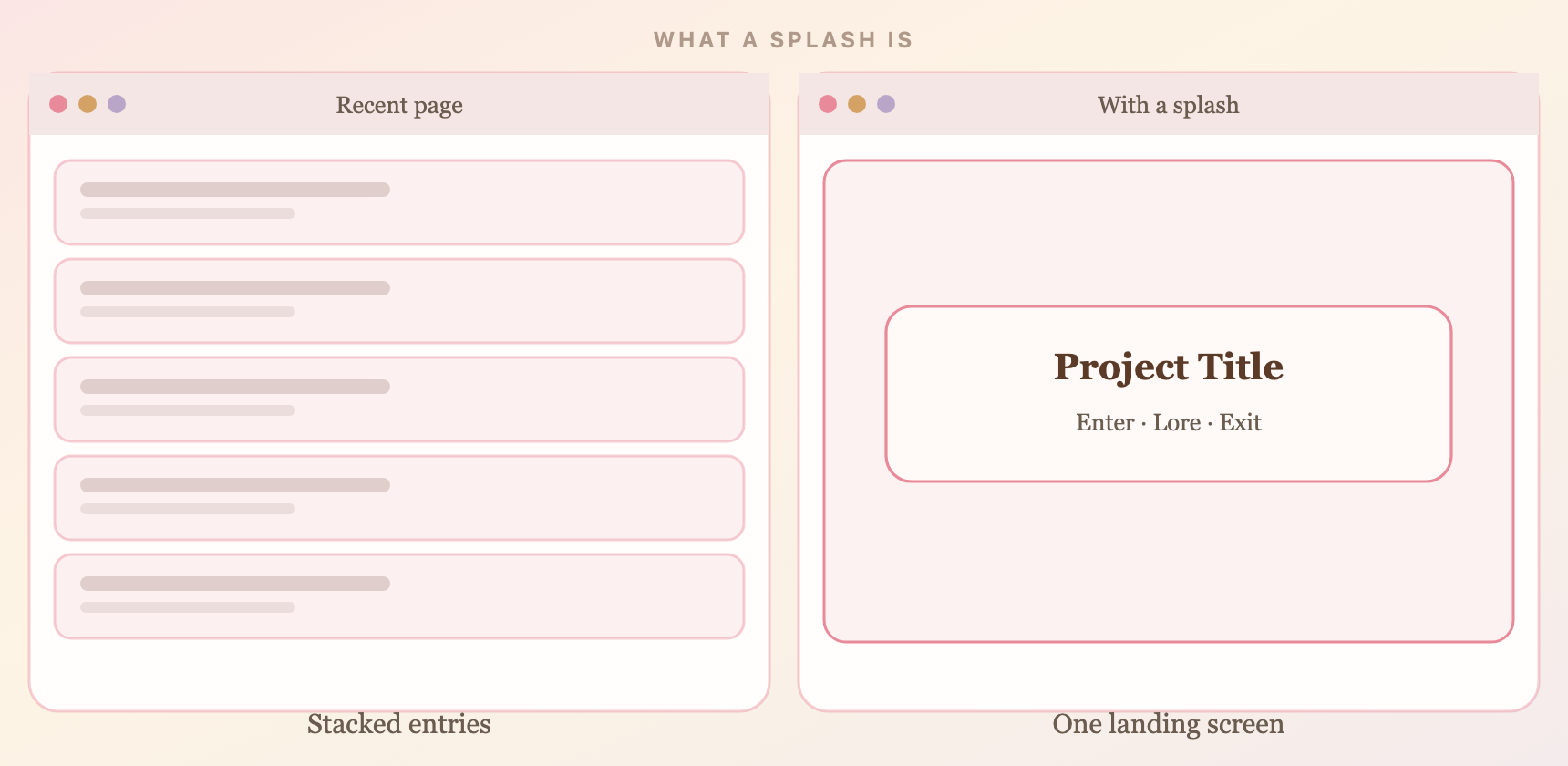 A normal Recent page of stacked entries next to a splash landing screen with a title and three links.